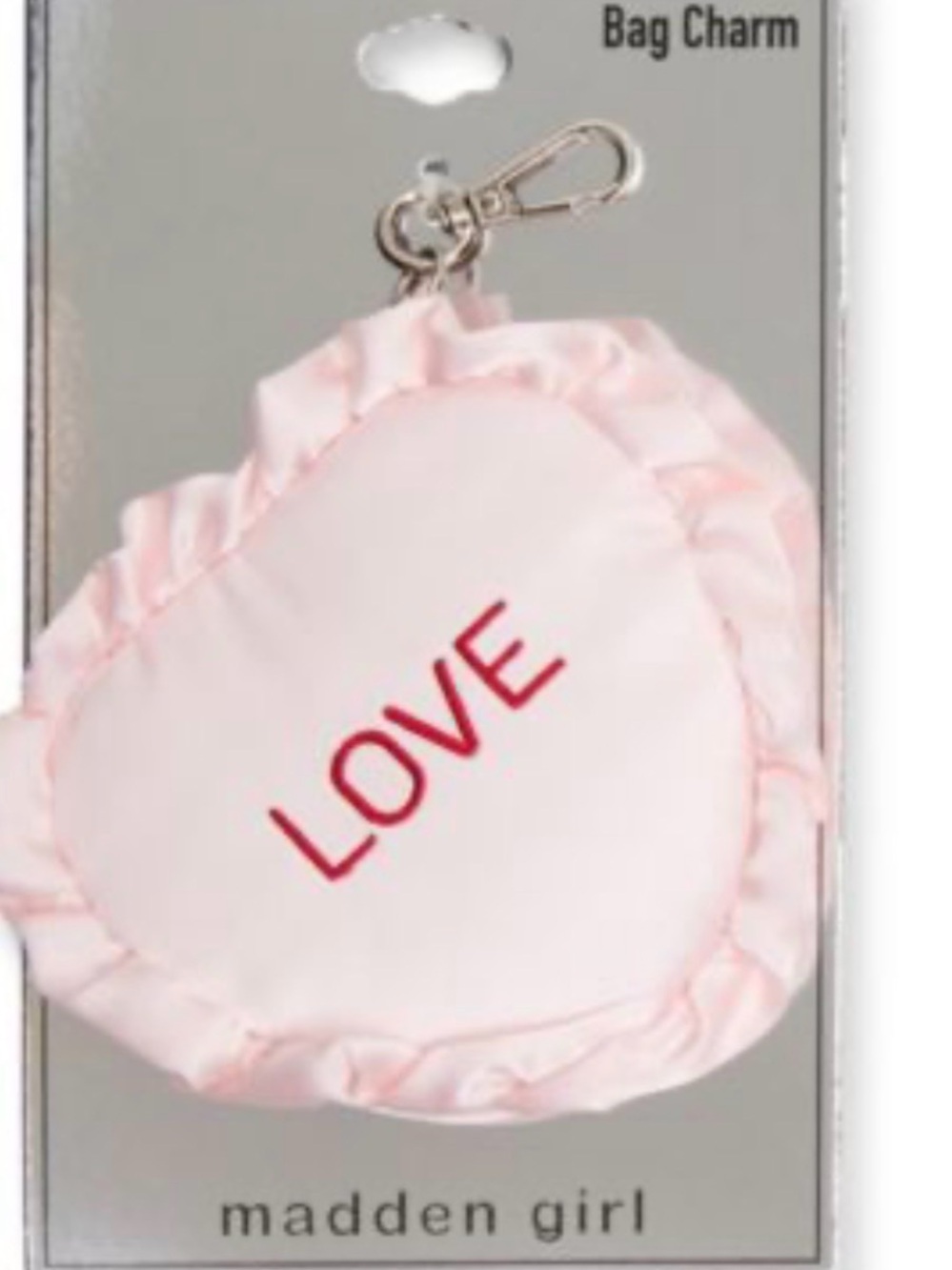 Madden Girl Light Pink Heart Bag Charm with Red "LOVE" Embroidery